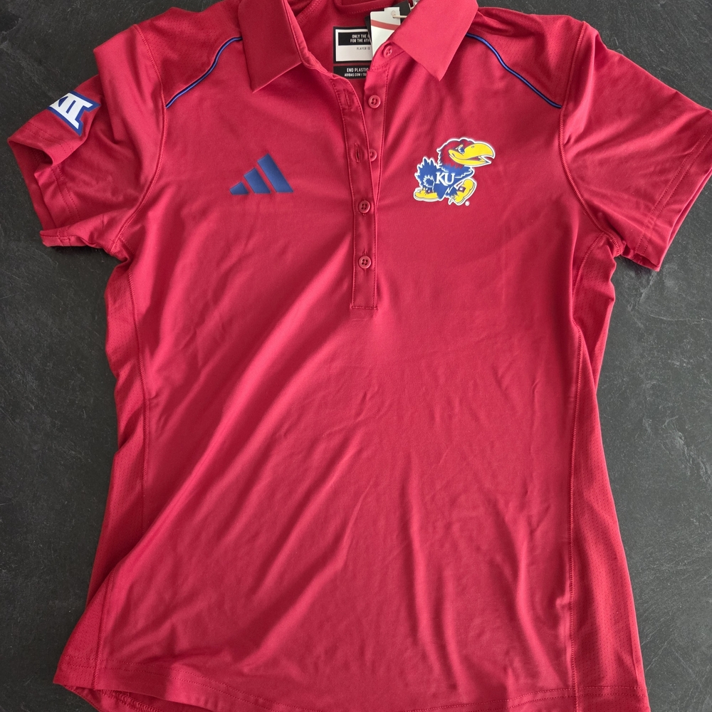 Adidas Red Polo Shirt with Blue and Yellow With KU Logo